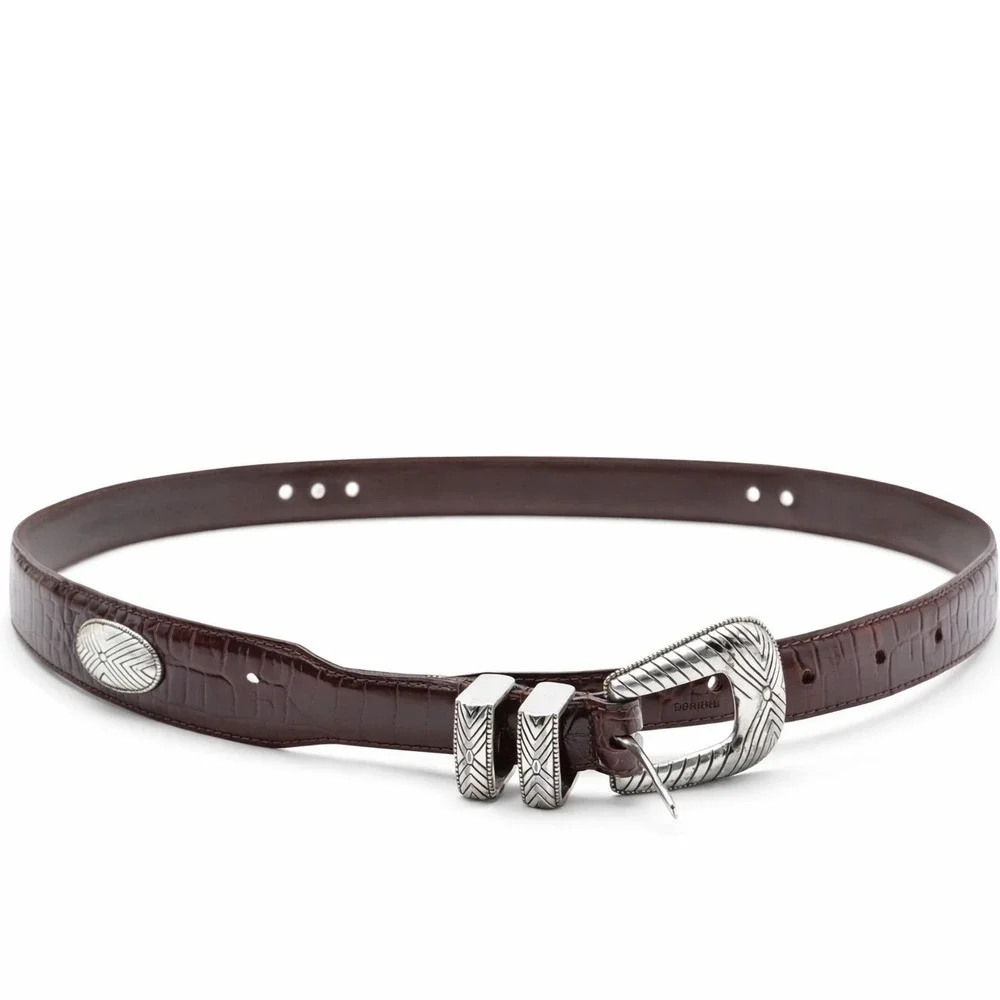 Fossil Brown‎ Croc Embossed Leather Belt Size 38 Silver Enraved Westerncore